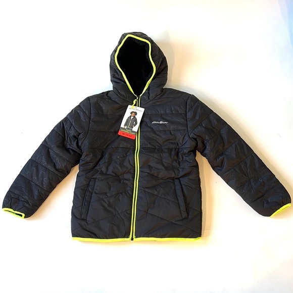 Eddie Bauer Reversible Fuzzy Fleece Jacket Black Neon Yellow Trim Medium 10-12 - Picture 4 of 15